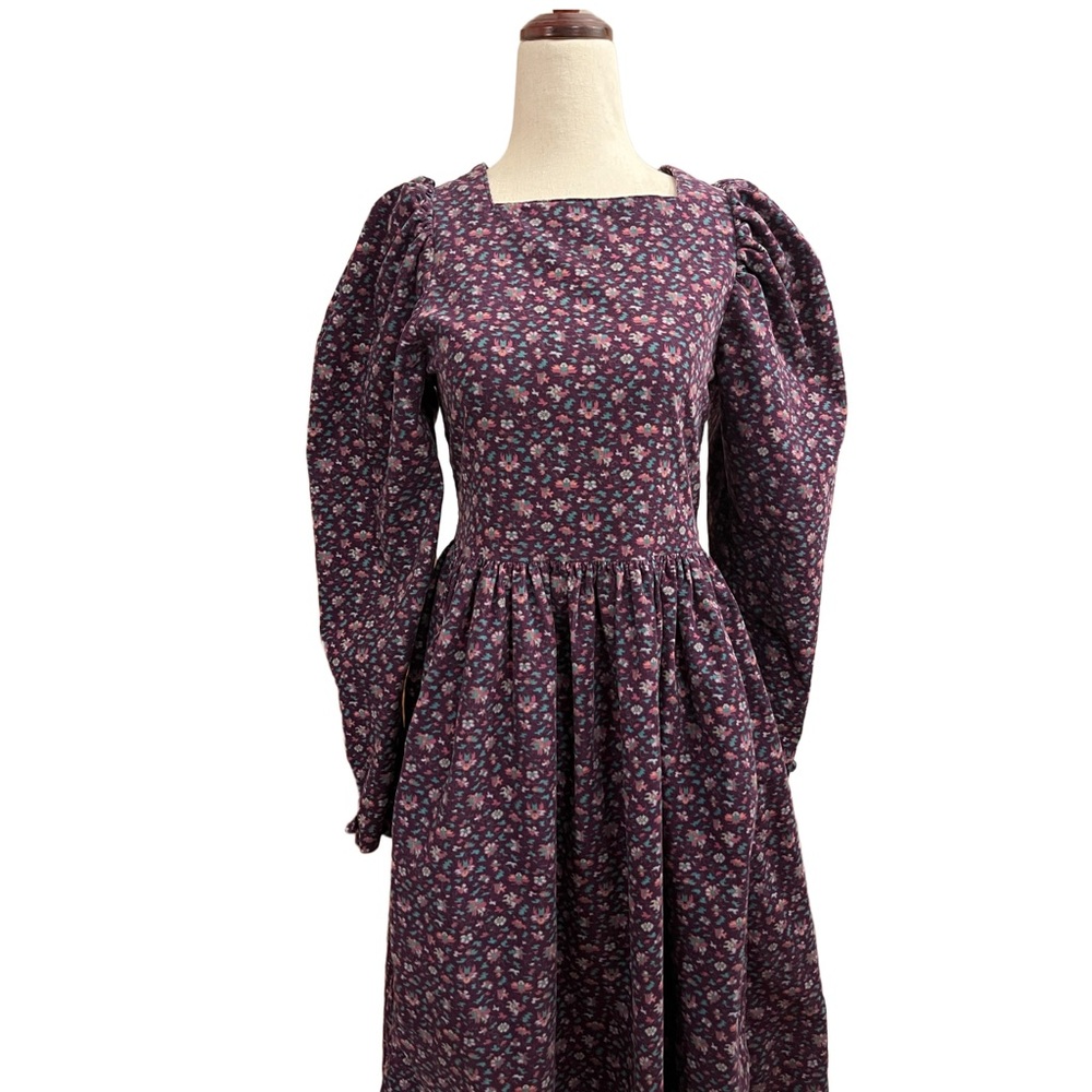 🚫Sold🚫Vintage Laura Ashley Purple Corduroy Floral Puff Sleeve A-line Dress - Picture 3 of 14